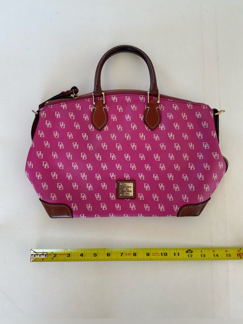 Dooney & Bourke Pink DB Monogram Satchel Top Handle Handbag Purse Leather Trim - Picture 12 of 14